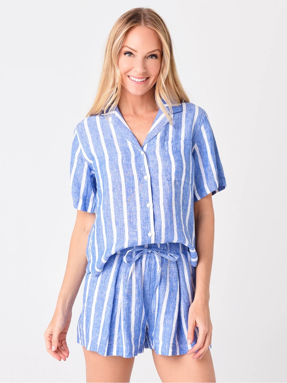 Trovata Margot Short Sleeve Camp Shirt in Blue & White Stripe, Size Small
